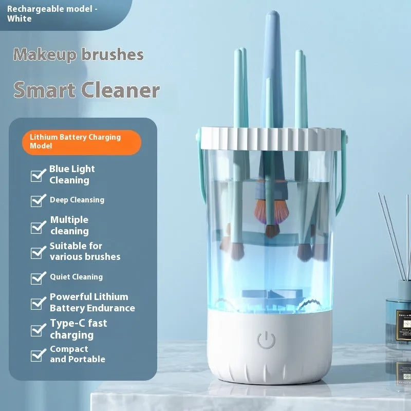 White rechargeable electric cleaning brush for makeup tools with 24cm plastic body and data cable