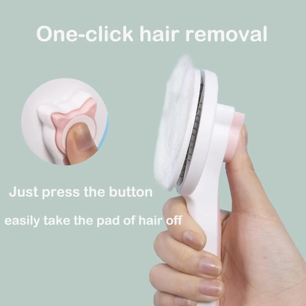 Blue self-cleaning cat brush with rubber-tipped pins and a one-click button on the handle