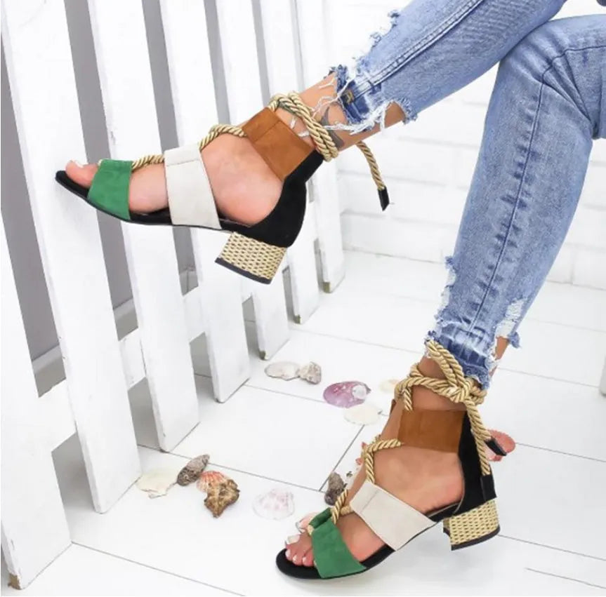 Women's colour matching sandals with thick heel, fish mouth toe, and ankle strap in suede material