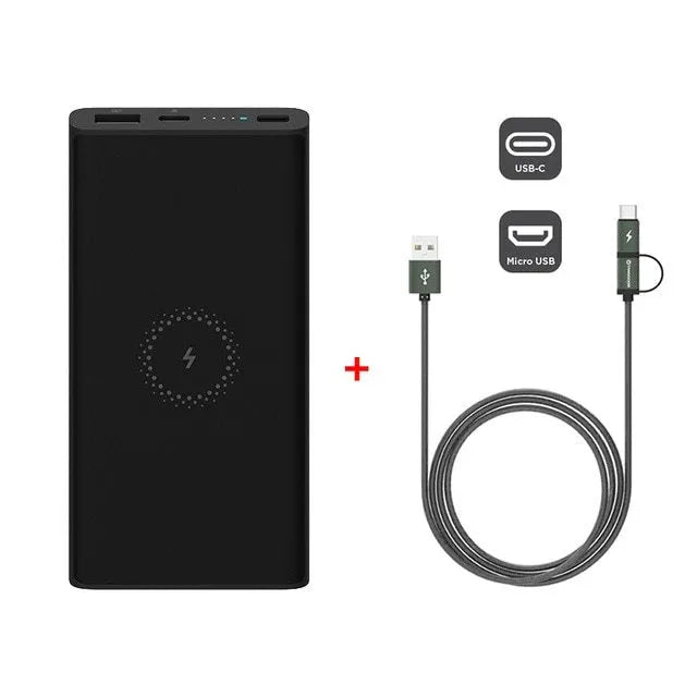 White and Black coloured 10000mAh portable power bank with wireless charging pad and USB ports.
