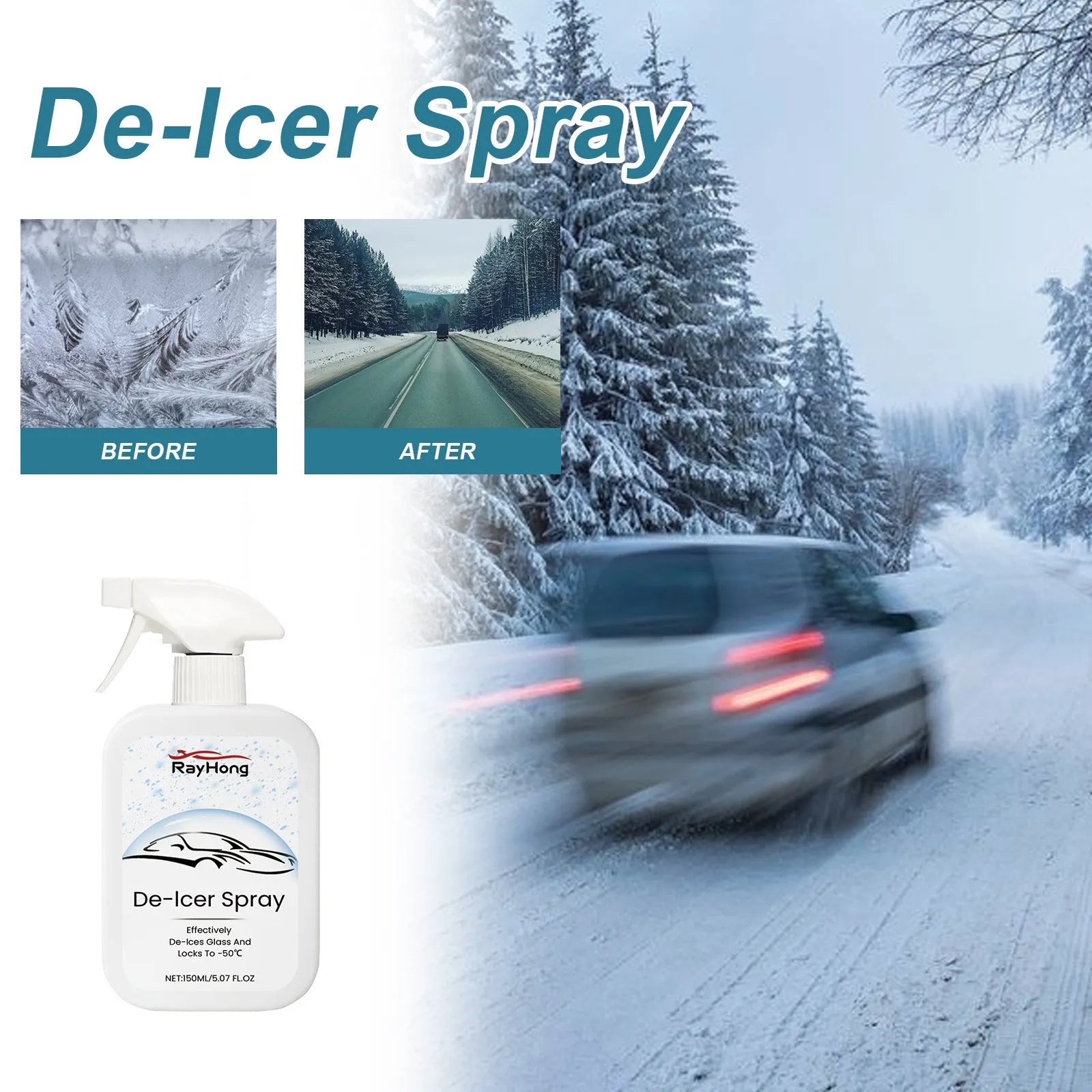 150ml bottle of car windshield defrost and anti-icing spray for winter glass maintenance.