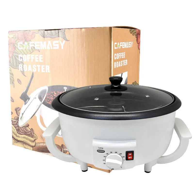White oblate coffee roasting machine with 750g capacity and 225mm pot bottom diameter