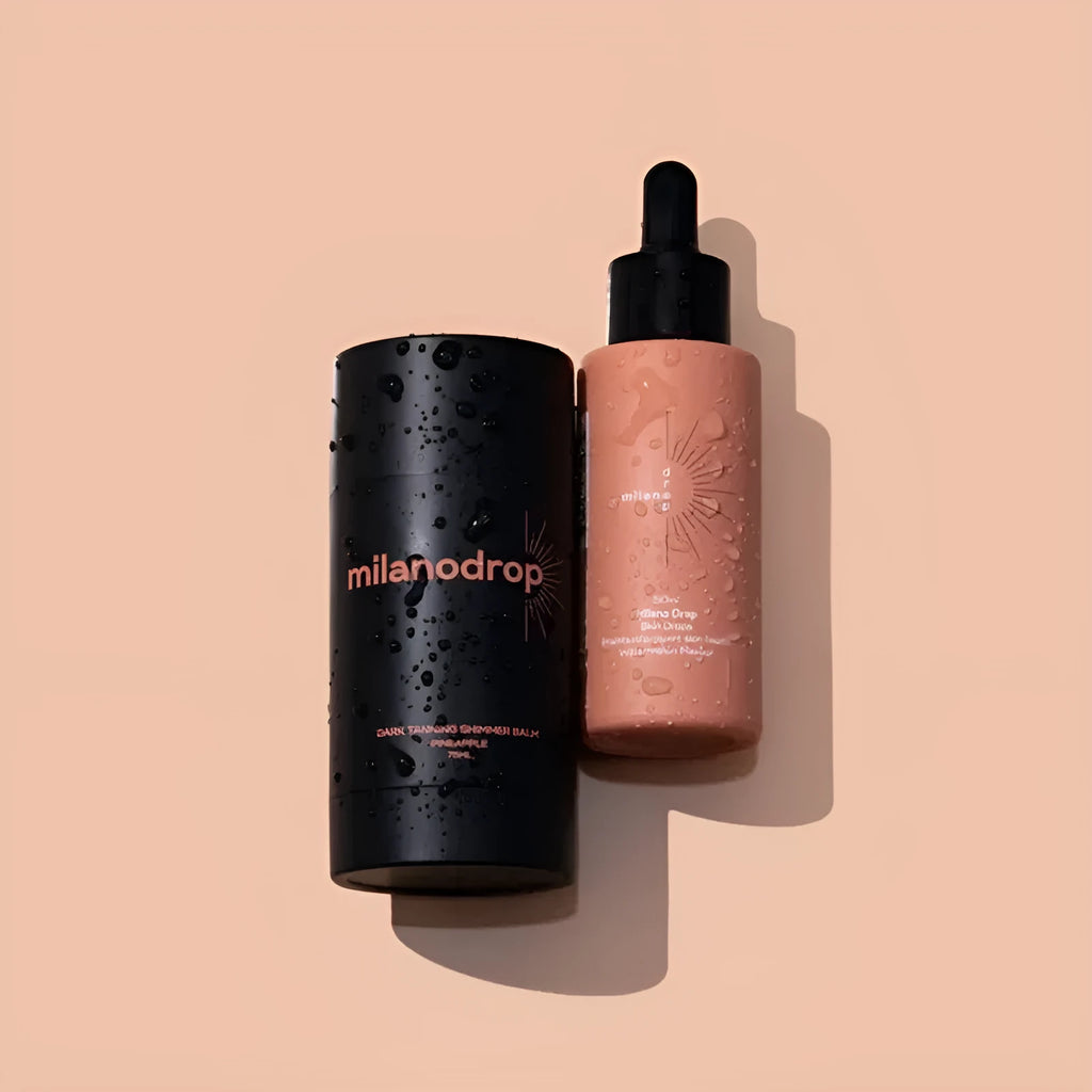 Matte black self-tanning liquid kit showing 50ml tanning drops bottle and 75ml tanning flash cream tube.