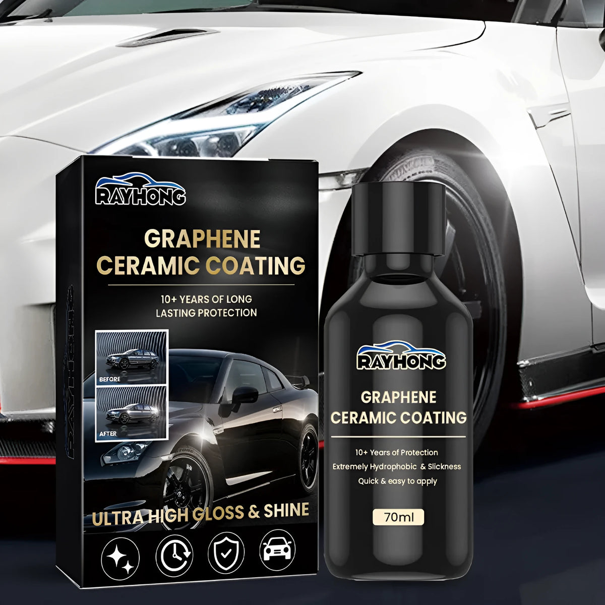 70ml bottle of graphene ceramic car coating with sponge, microfiber towel, gloves, and applicator cloths.
