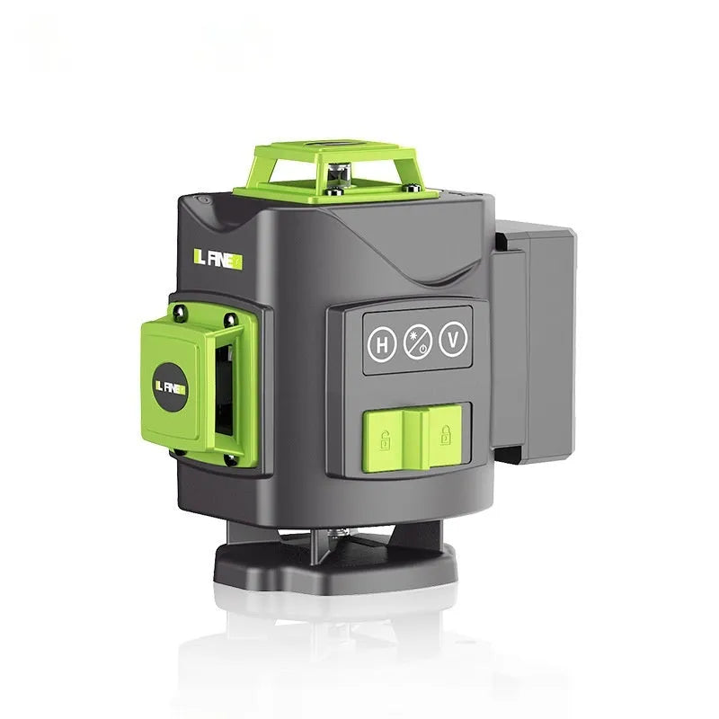 16 line 3D green laser level with nylon and aluminium construction measuring 11x13.5x13.5cm