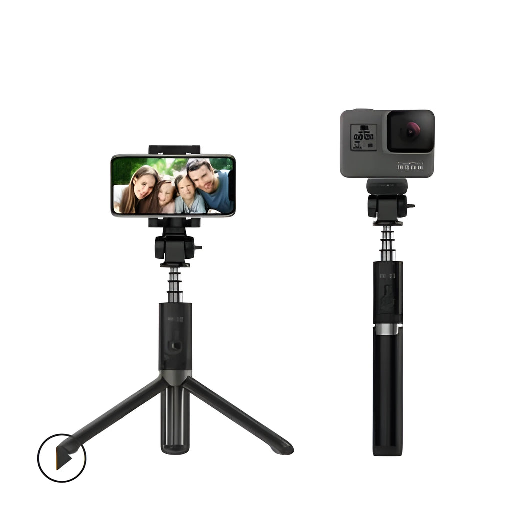 Black Bluetooth selfie stick with tripod bracket extended, holding smartphone