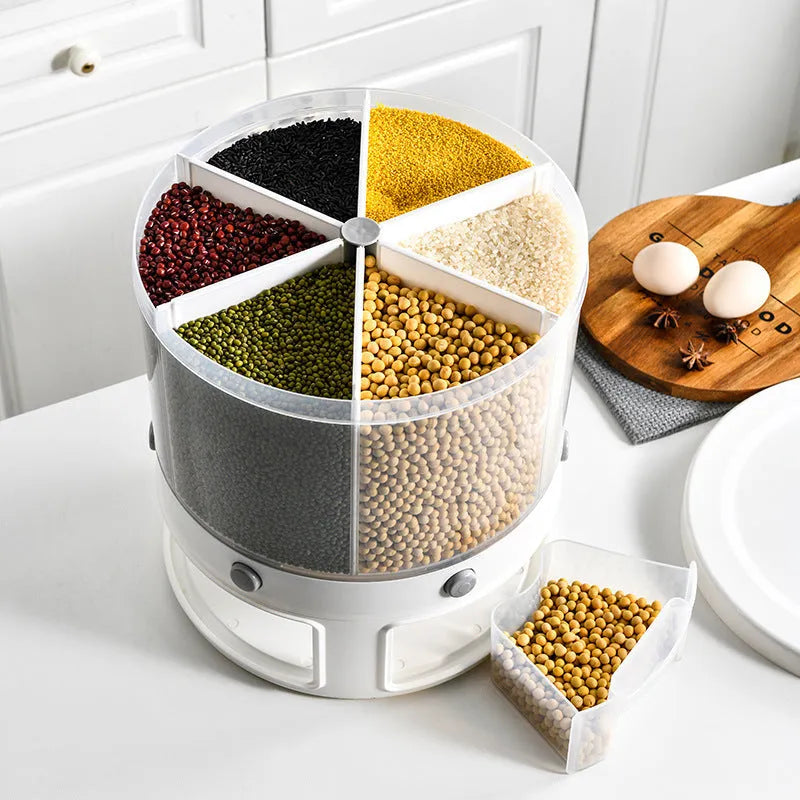 Transparent plastic rotatable food storage box with lid, 23.2 x 29cm, filled with rice