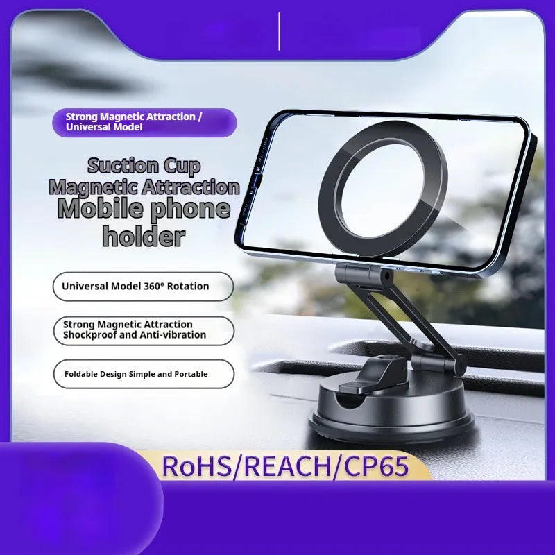 Black car magnetic phone holder with suction cup mount and 360-degree rotating ball joint