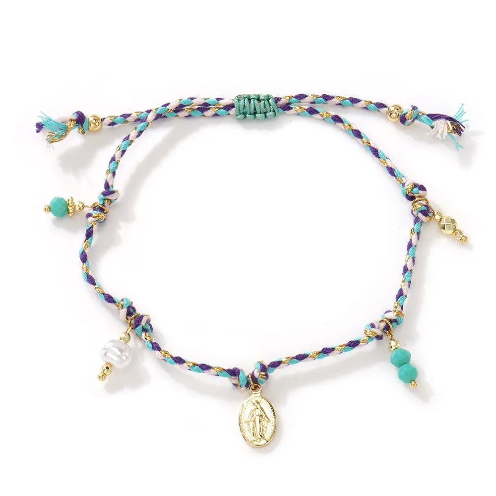 Colourful hand-woven braided rope bracelet with an ethnic style strap tag for women.