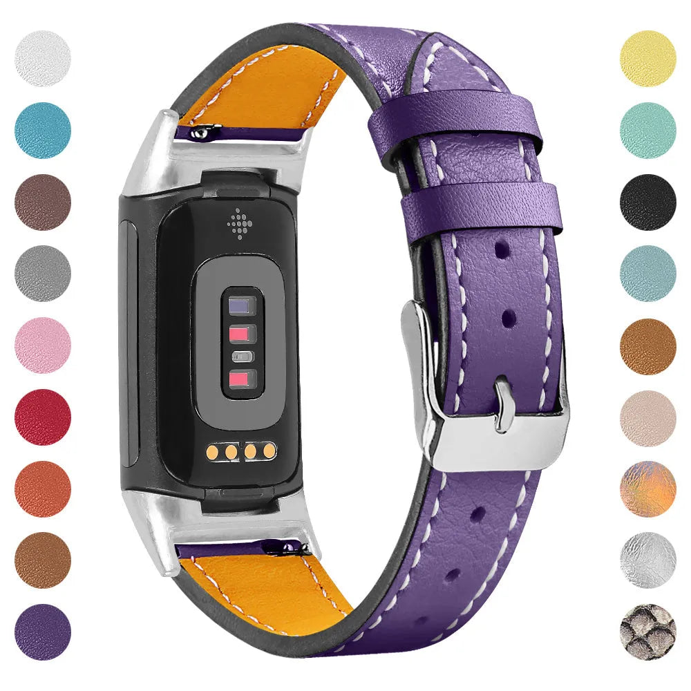 Genuine brown cowhide leather replacement strap for Fitbit Charge 5 and Charge 6 smart watches on a wrist.