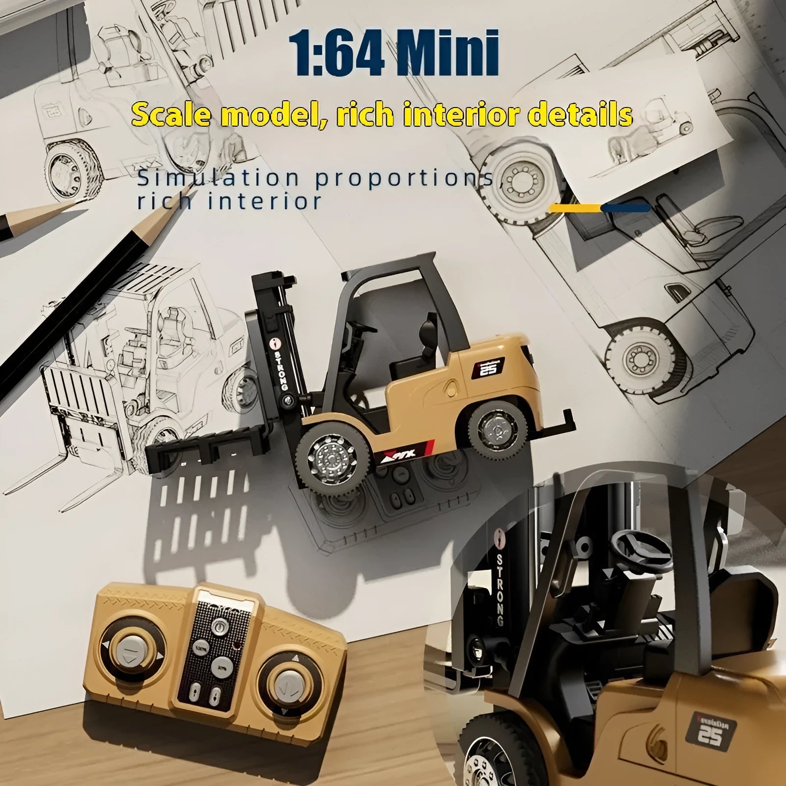 Blue alloy forklift remote control car with cargo accessories on pallet