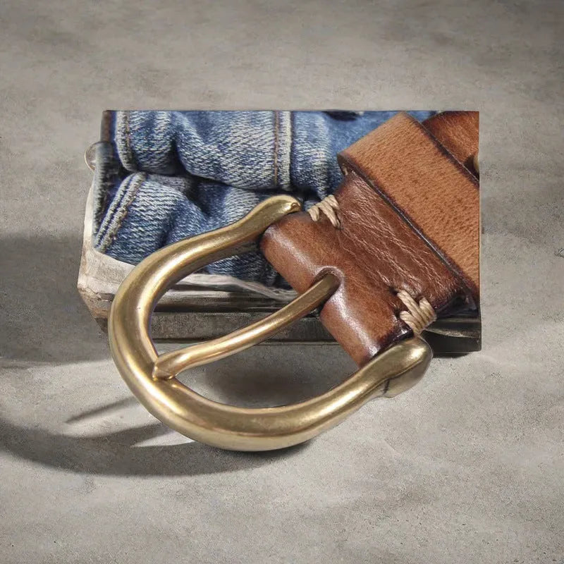 Men's black genuine cowhide leather belt with a copper pin buckle on a white background.