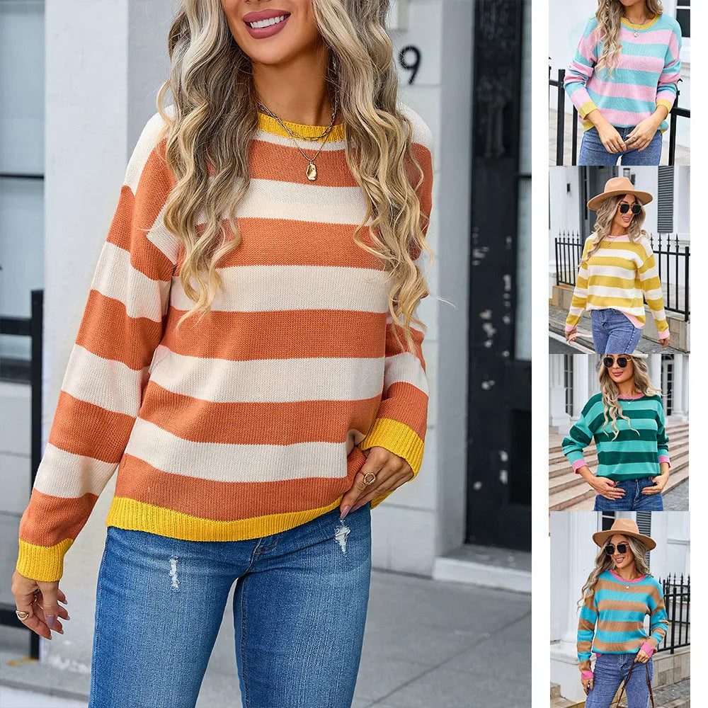 Women's loose fit long sleeve striped acrylic sweater in blue colour