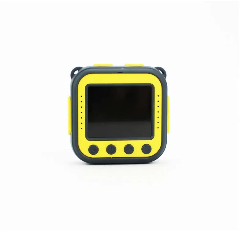 Yellow children's waterproof sports camera showing front view with lens and LCD screen