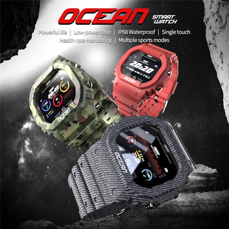 Waterproof smart watch with 240x240 HD glass screen, TPU silicone strap, 66g, Army Green Black or Red