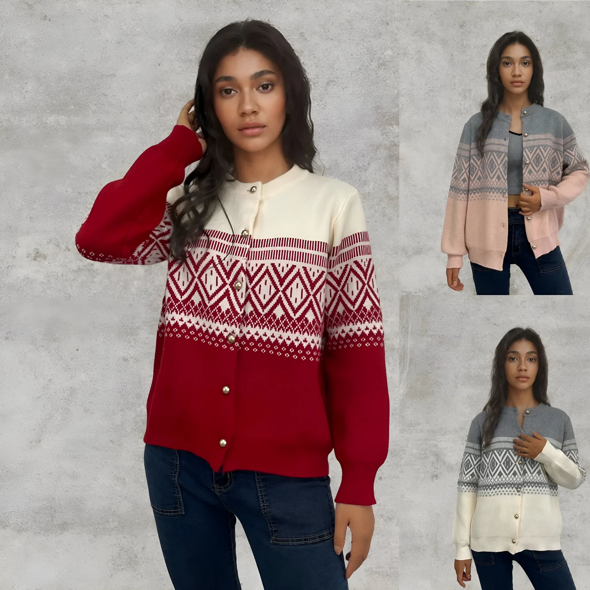 Women's alpaca wool diamond knit cardigan with long sleeves and contrast colour detailing