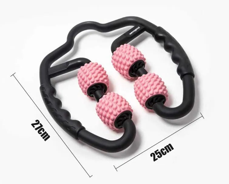 U shape trigger point massage roller for leg calf muscle recovery in black ABS plastic with four wheels