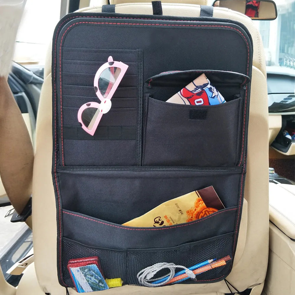 Car seat back storage bag in black Oxford cloth with multi-pockets, hanging on car seat back, 38x60cm