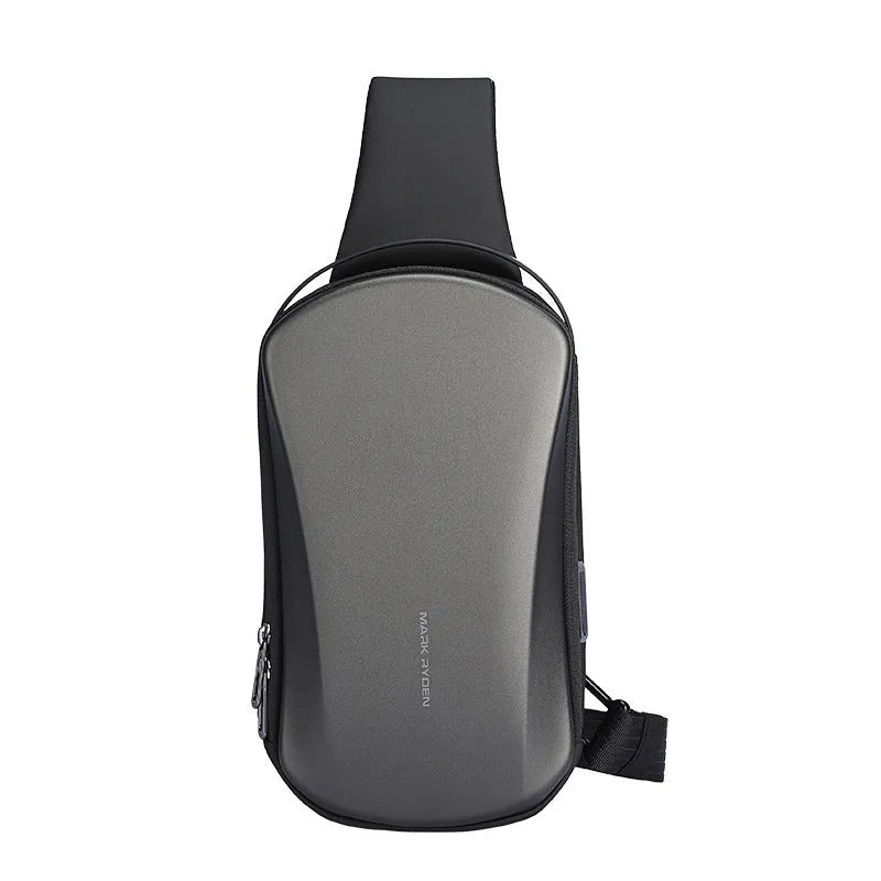 Men's hard shell chest bag in gray, waterproof PU Oxford fabric, 30x18x10cm with adjustable shoulder strap