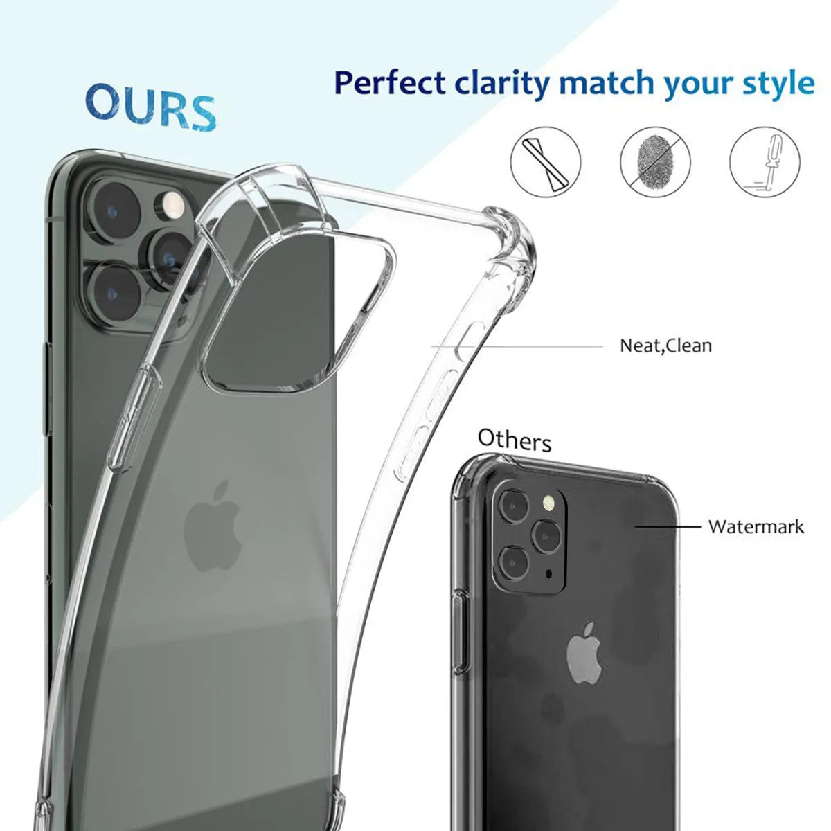 Clear transparent TPU shockproof phone case for Apple iPhone models 6 through 13 Pro Max.