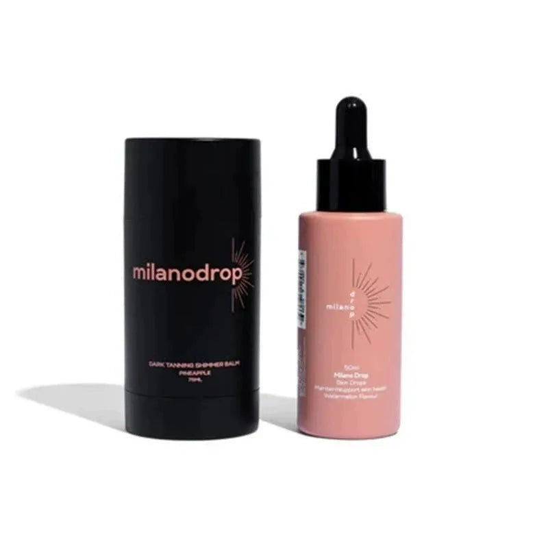 Matte black self-tanning liquid kit showing 50ml tanning drops bottle and 75ml tanning flash cream tube.
