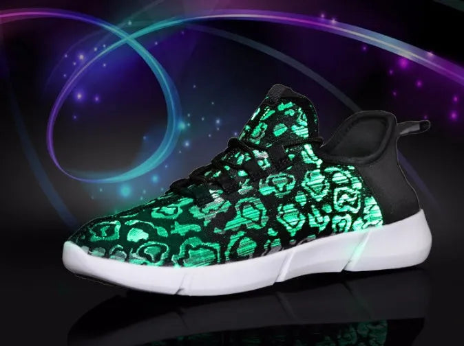 Unisex fiber optic LED shoes with USB rechargeable glowing lights, fly woven cloth upper, EVA sole, casual loafers in black