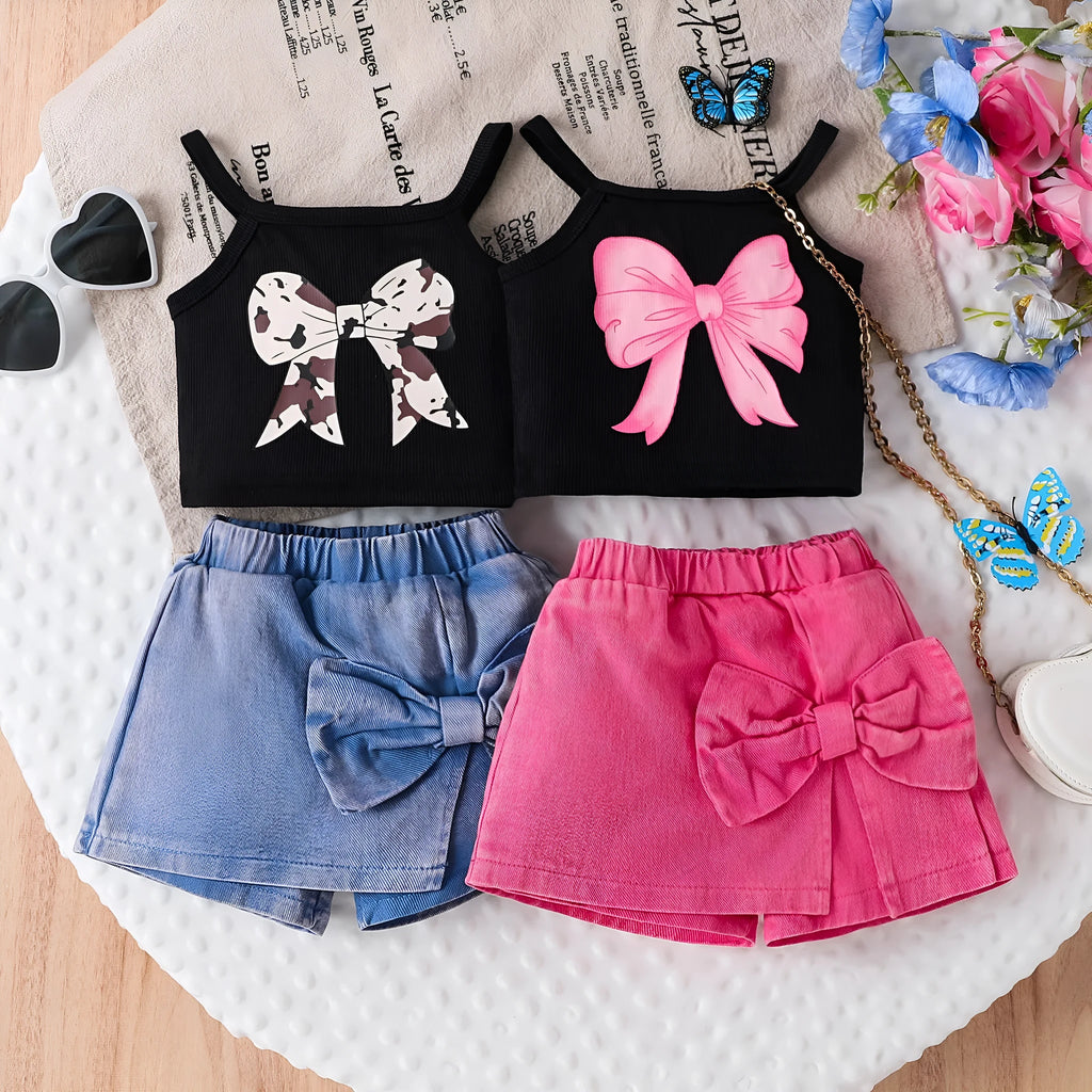 Cotton bow print sling summer suit for girls in blue with matching shorts, pullover style