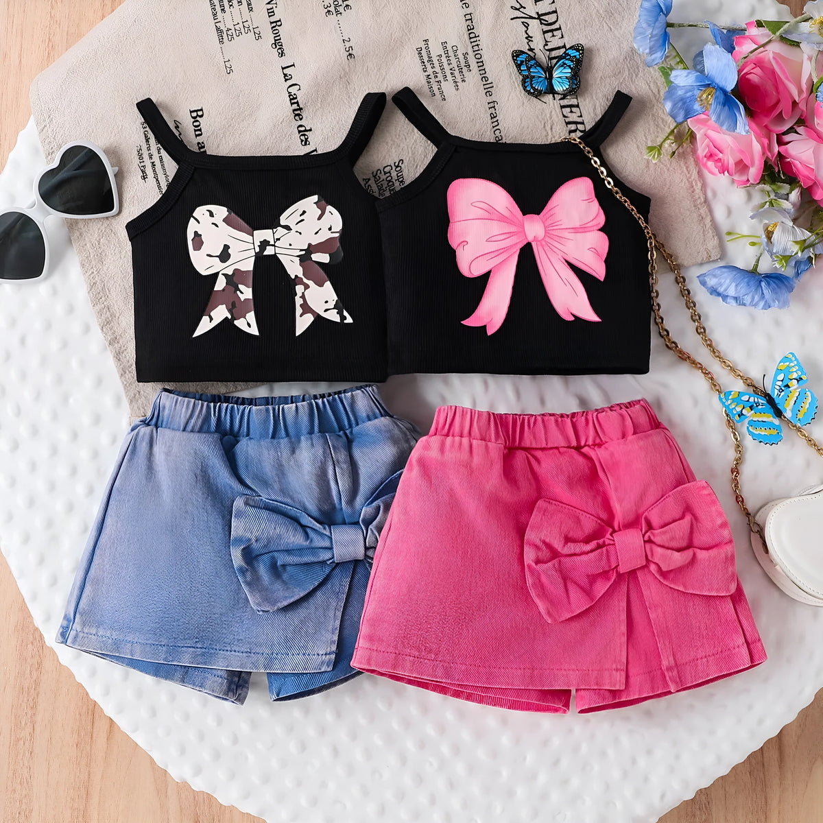 Cotton bow print sling summer suit for girls in blue with matching shorts, pullover style