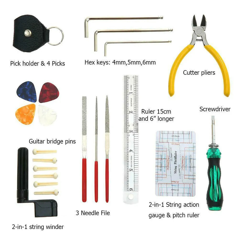Black plastic and metal guitar repair tool kit for guitars, basses, mandolins and banjos