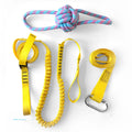 Dog training belt rope toy set with black polyester belt and yellow rope toy on a neutral background