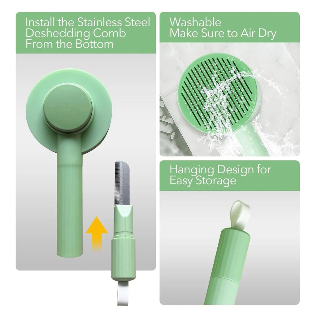 Green and yellow 2-in-1 stainless steel pet deshedding brush with hanging loop