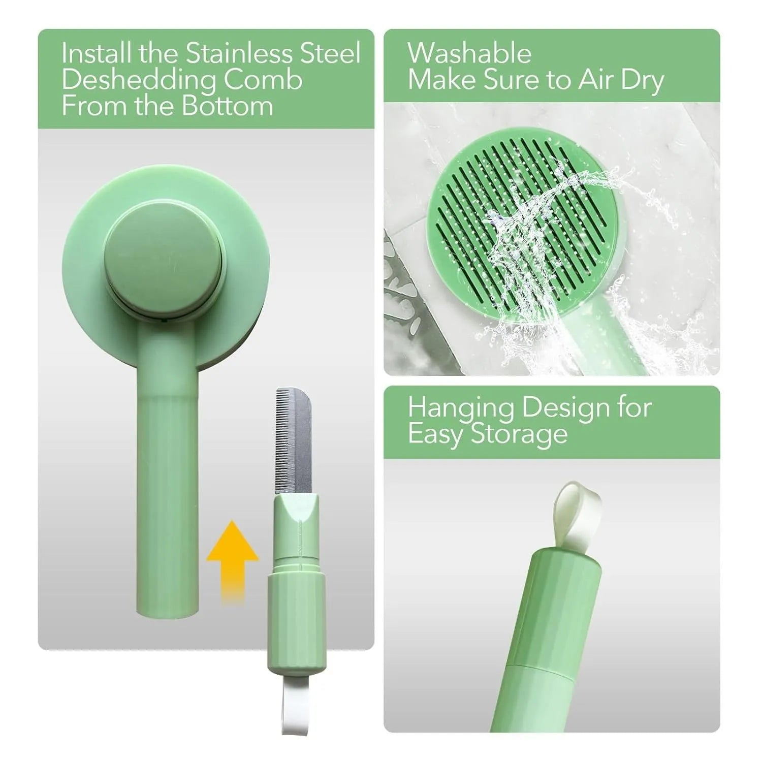 Green and yellow 2-in-1 stainless steel pet deshedding brush with hanging loop