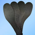 Pair of black 3K carbon fibre full palm running insoles showing textured weave, with three thickness options displayed.