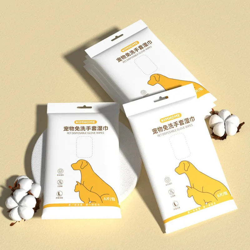 Disposable pet wet wipes and gloves in 6-piece pack for cats and dogs