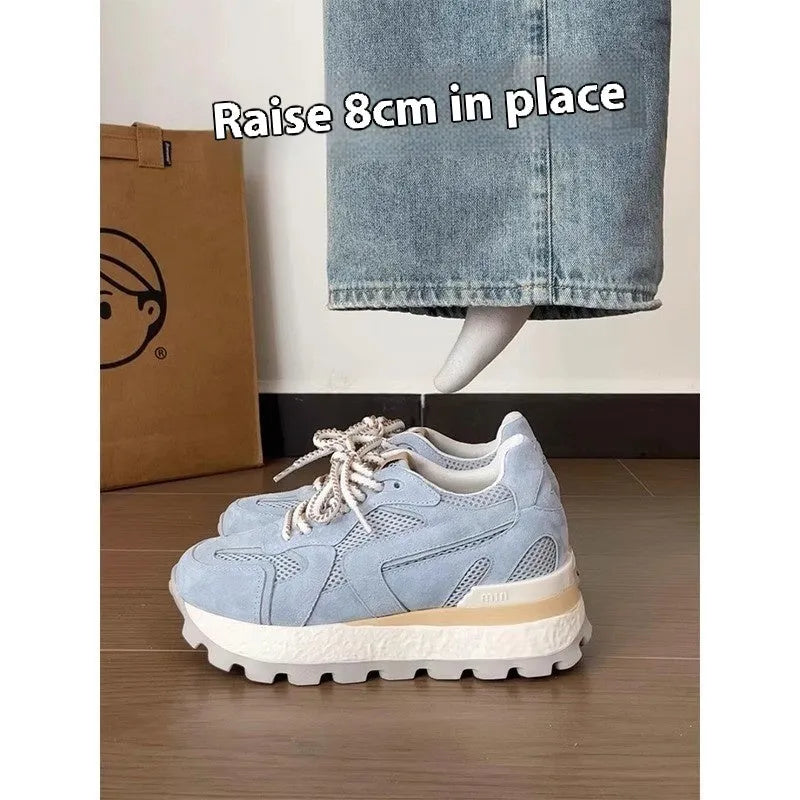 Women's height increasing platform sneakers in blue with synthetic leather upper, round toe, front lace-up, rubber sole