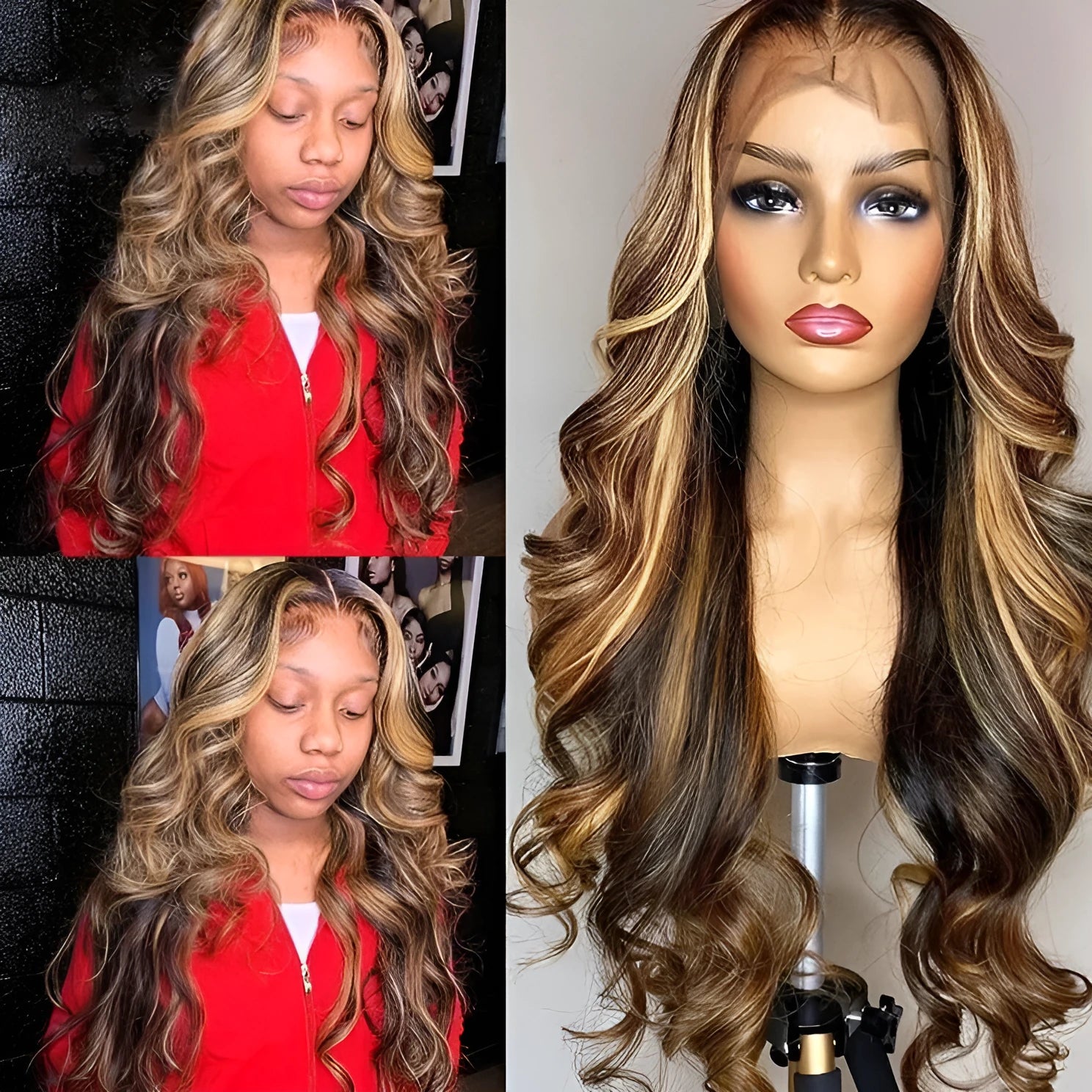 Front lace synthetic wig with long curly hair and gradient colour hairline in black to piano colour