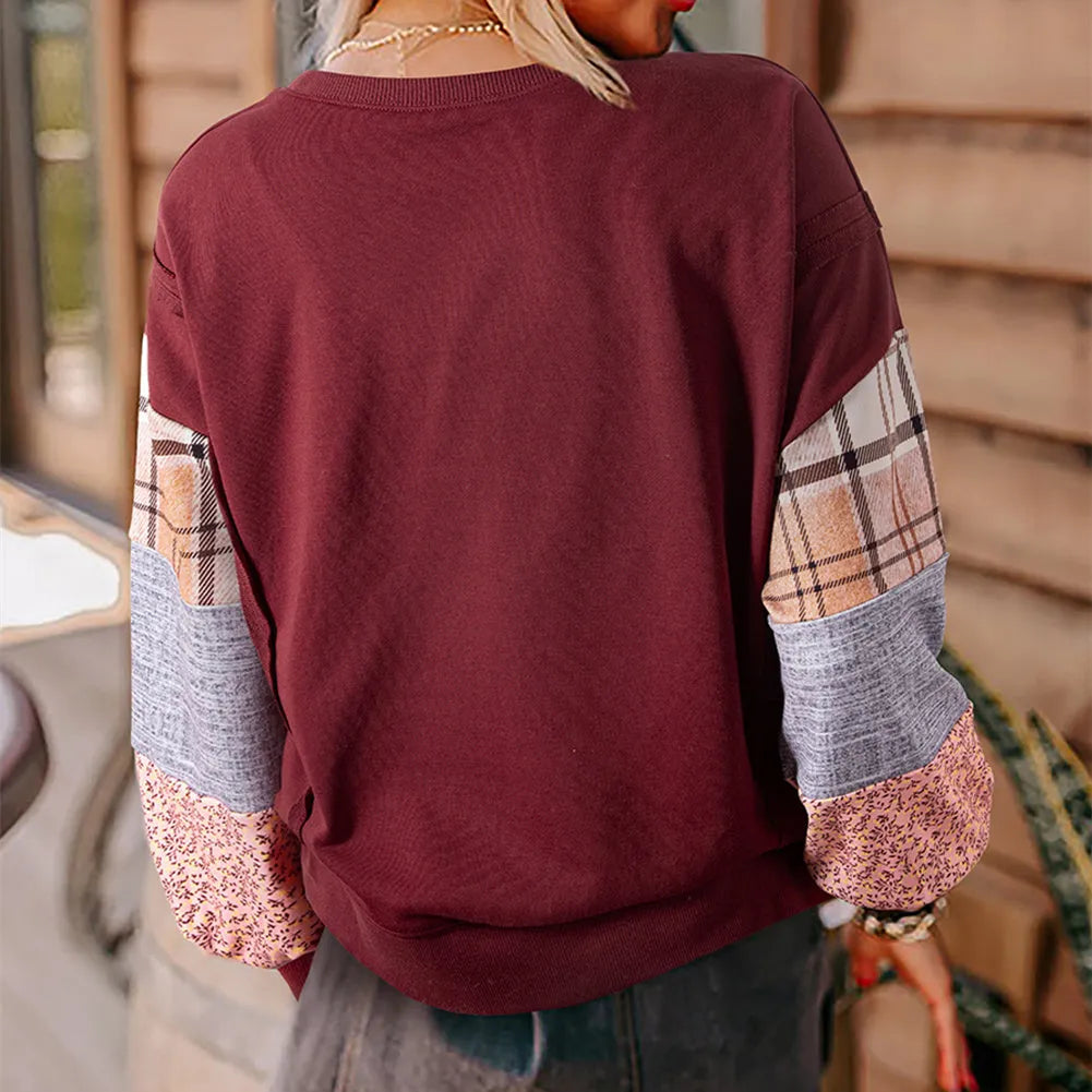 Women's beige plaid stitching pullover top with long sleeves and loose Japanese Korean casual styling