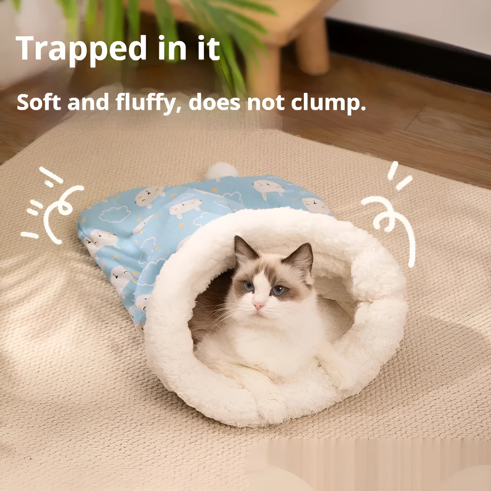 Flannel cat sleeping bag nest in blue rabbit design, measuring 50x40 cm