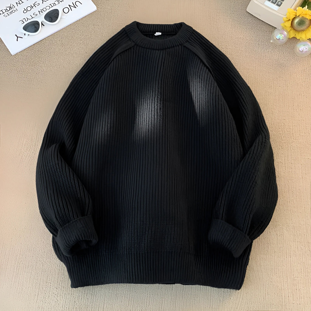 Men's loose casual long sleeve pullover sweater in black, brown, and greige colours, 100 percent polyester