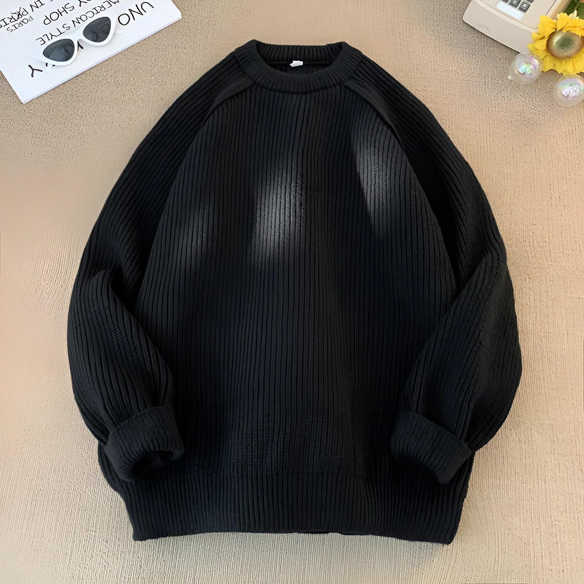 Men's loose casual long sleeve pullover sweater in black, brown, and greige colours, 100 percent polyester