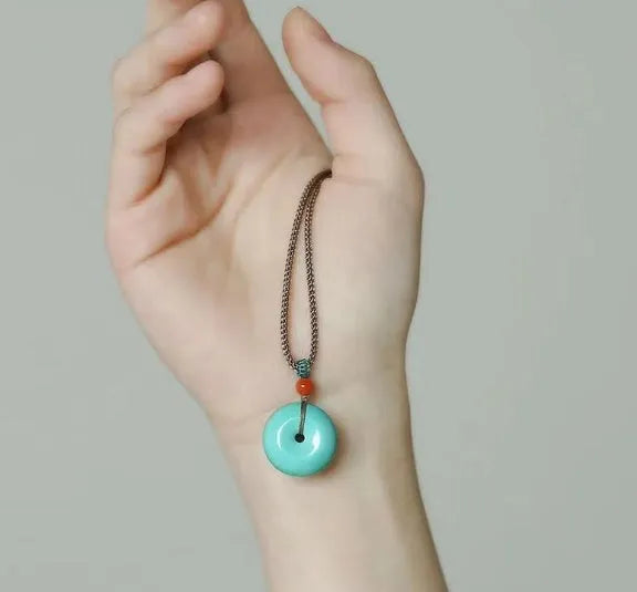 Natural turquoise polished round bread ring safety buckle pendant, 25mm, green, New Chinese style