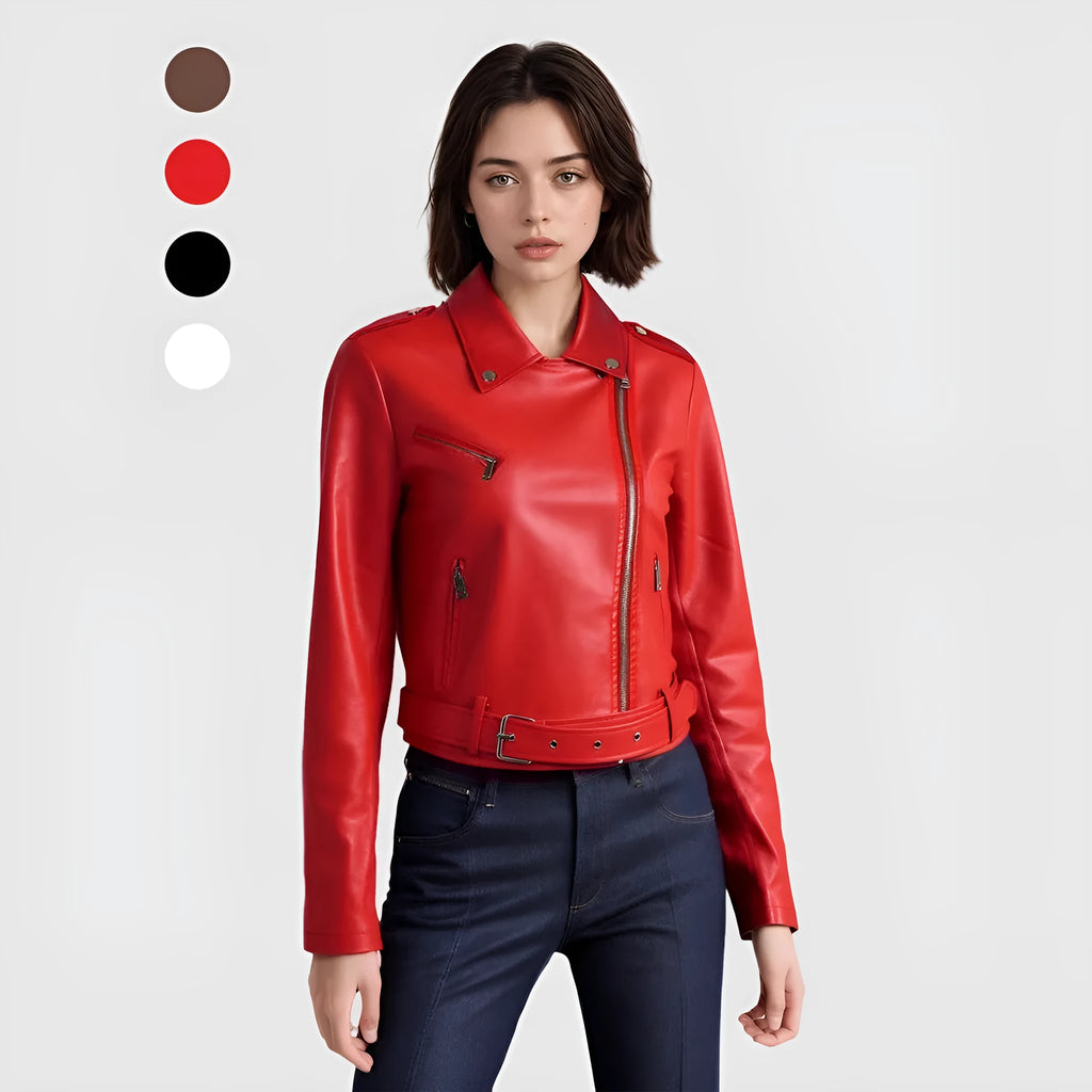 Women's short PU leather motorcycle jacket with belt in black, red, milky white, and dark brown colours showing lapel collar and regular fit.