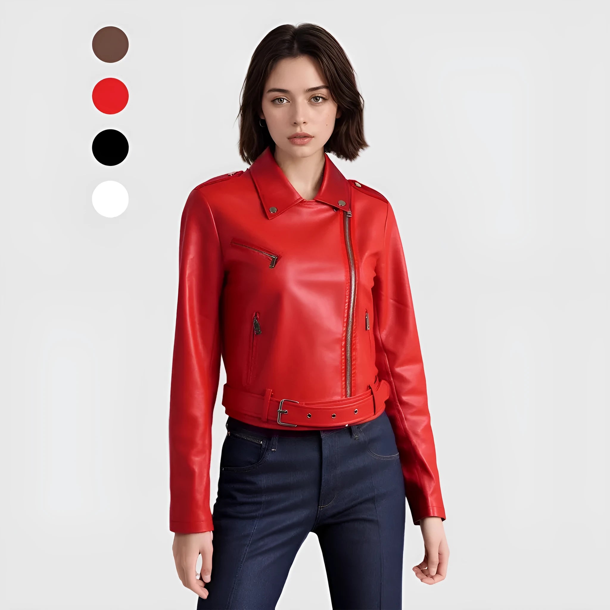 Women's short PU leather motorcycle jacket with belt in black, red, milky white, and dark brown colours showing lapel collar and regular fit.