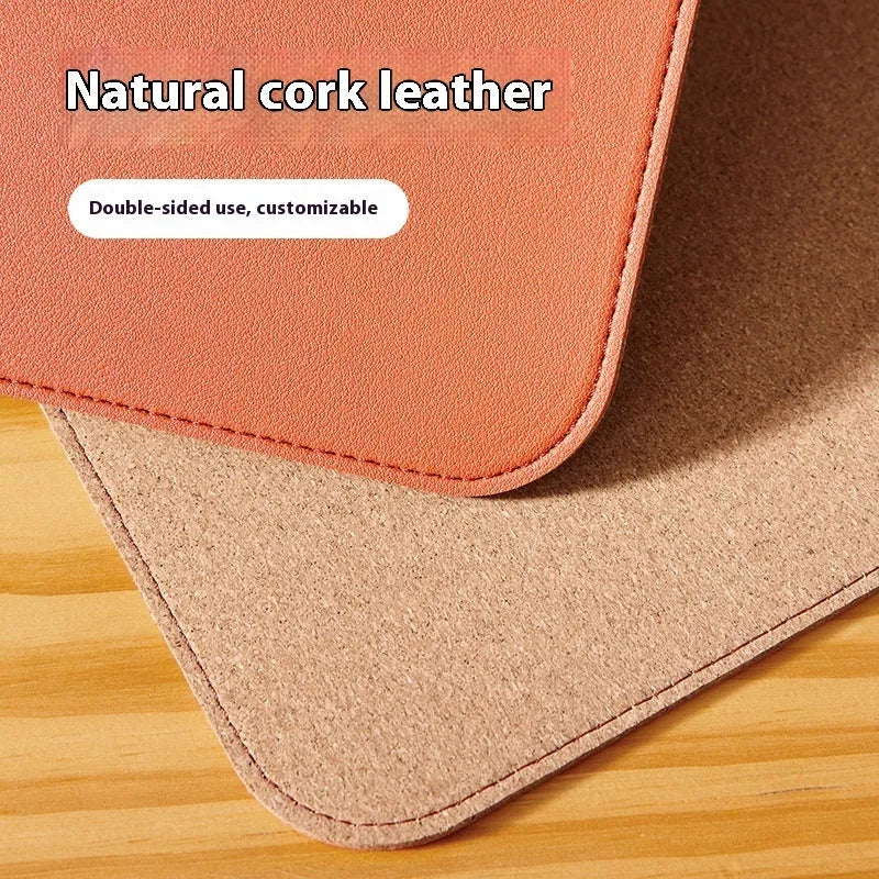 Cork leather thickened PVC mouse pad desk protector in orange on a desk showing mouse and keyboard