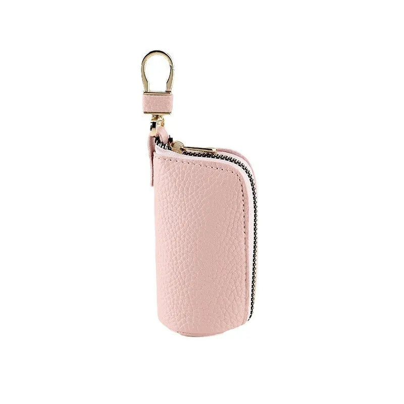 Men's black PU leather zipper key ring case showing waterproof key organiser with car keys