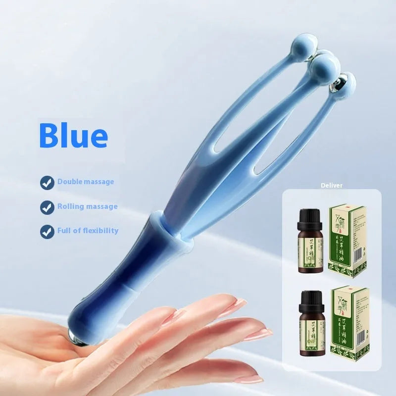Blue and white PP plastic finger massager with visible electroplated steel balls for hand joint rolling therapy.