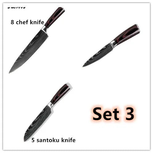 7Cr17 stainless steel chef knife with 18cm blade, laser Damascus pattern, and coloured wood handle