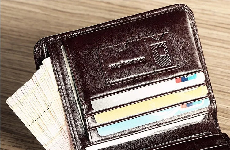 Men's leather wallet showing multiple internal compartments including photo slot and card holders