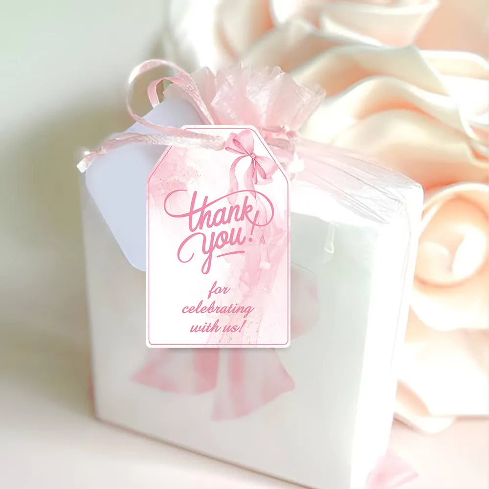 Set of 60 birthday party gift label tags with hemp rope in three bowknot design styles.