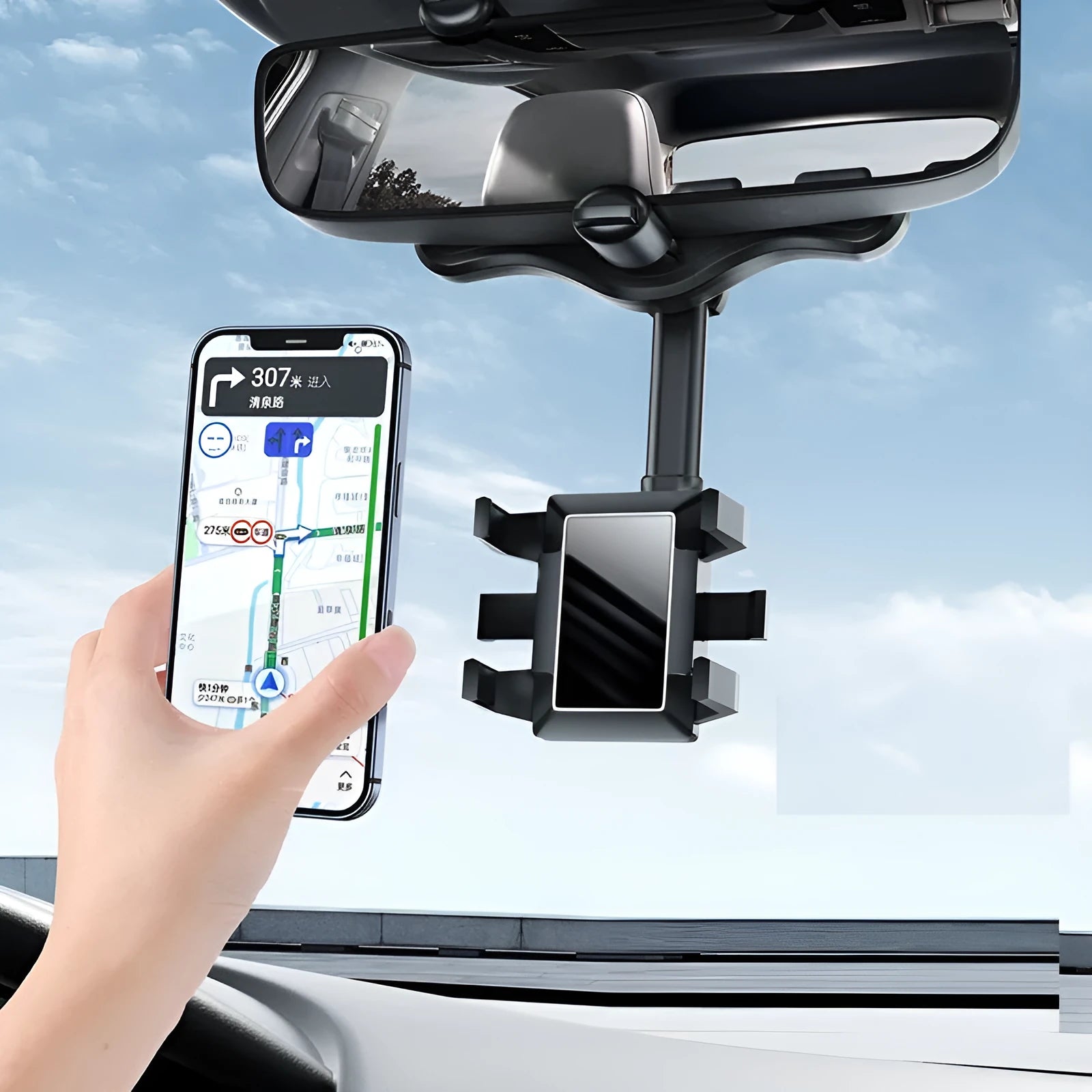 Rotating rearview mirror navigation bracket for car GPS smartphone dash cam holder black clip